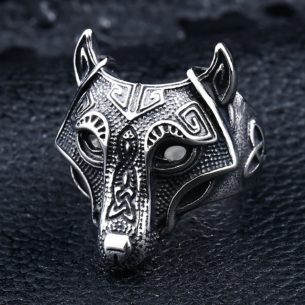 Männer Vintage Viking Wolf Kopf Ring Nordic Edelstahl Celtics Knoten Ringe Männer Frauen Biker Viking Amulett Schmuck Großhandel