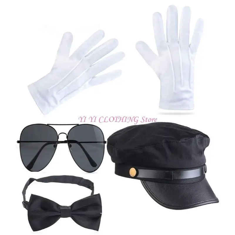 N5KF Chauffeur Hat Mustaches Eyeglasses Bowtie Gloves Set for Halloween Chauffeur Role Play Bachelorette Party Photo Props