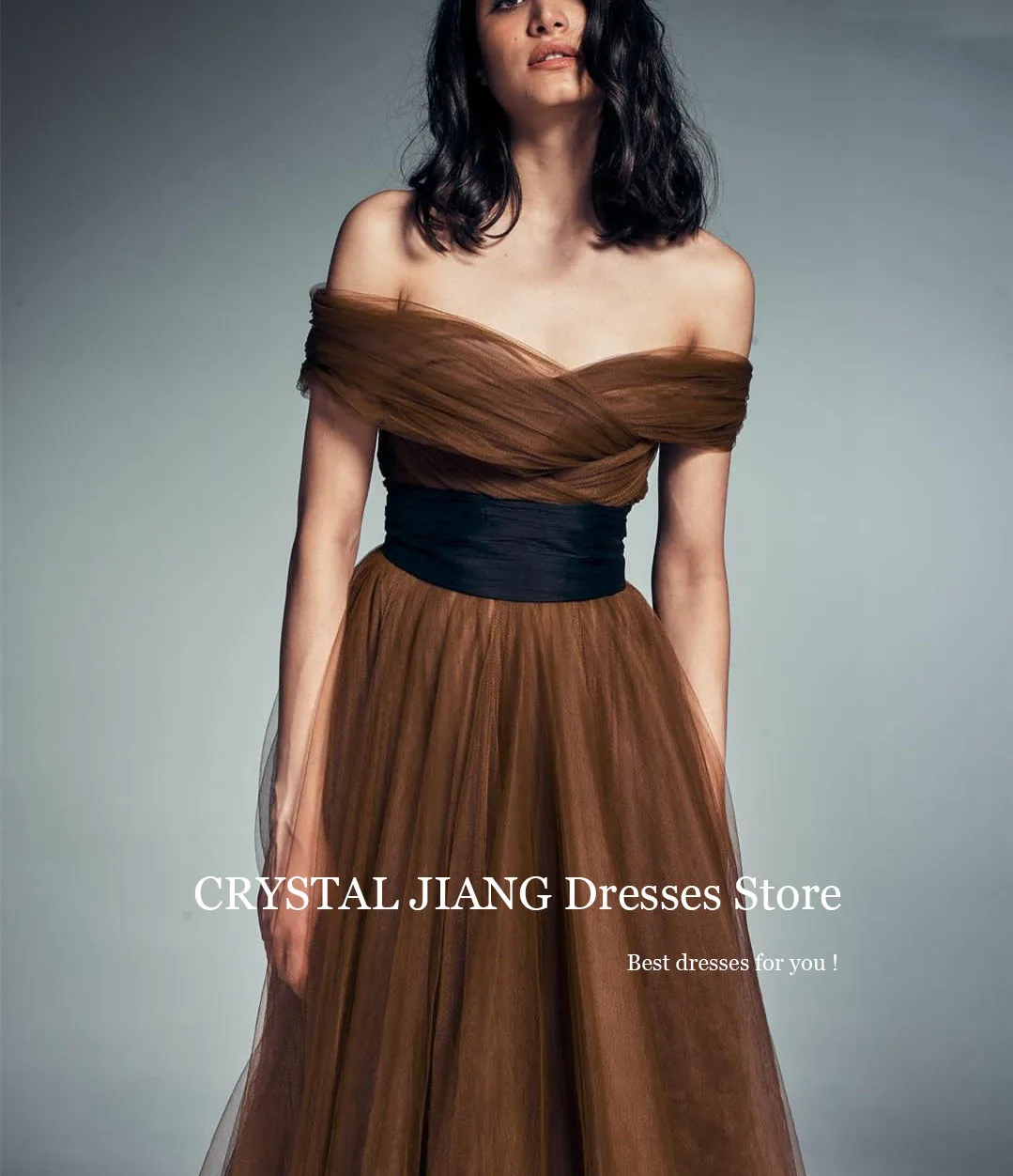 Elegant Long Off the Shoulder Brown Tulle Evening Dresses with Belt فساتين سهره A Line Floor Length Vestidos De Gala Mujer