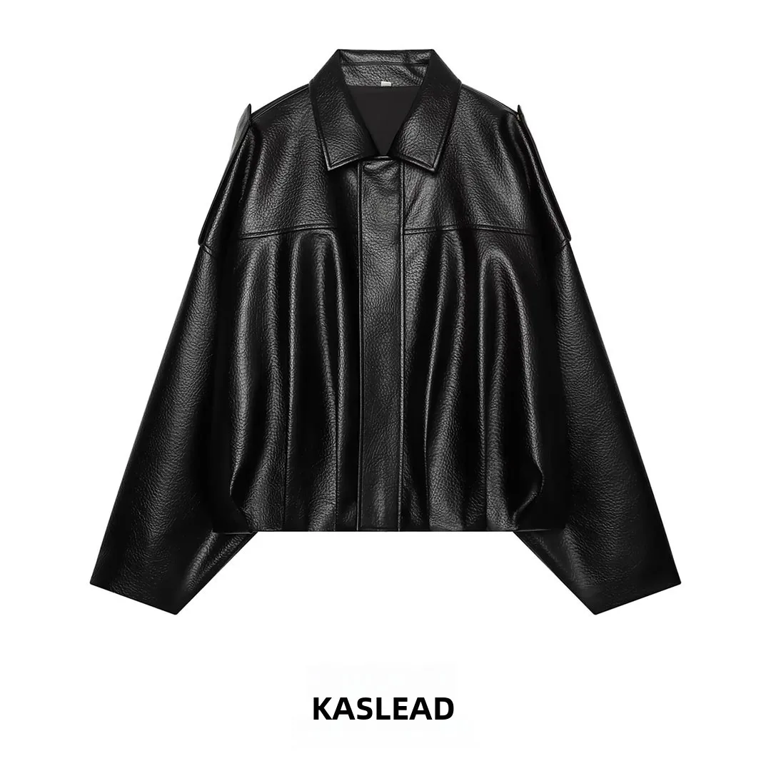 KASLEAD New Women's Fashion Batwing Sleeve Pilot Jacket Leather Coat Versatile Long Sleeve Polyester Fiber Regular Length