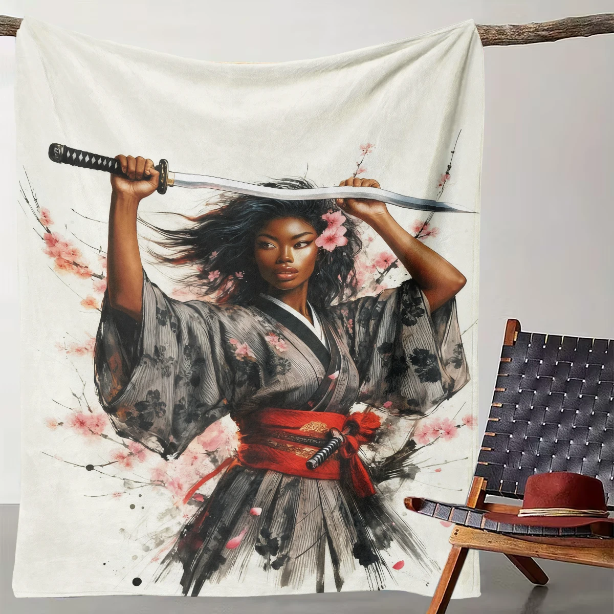 

1 Piece of Kimono Cherry Blossom Female Warrior Power Felt Blanket, Japanese Martial Arts Style Art Home Decoration Blanket