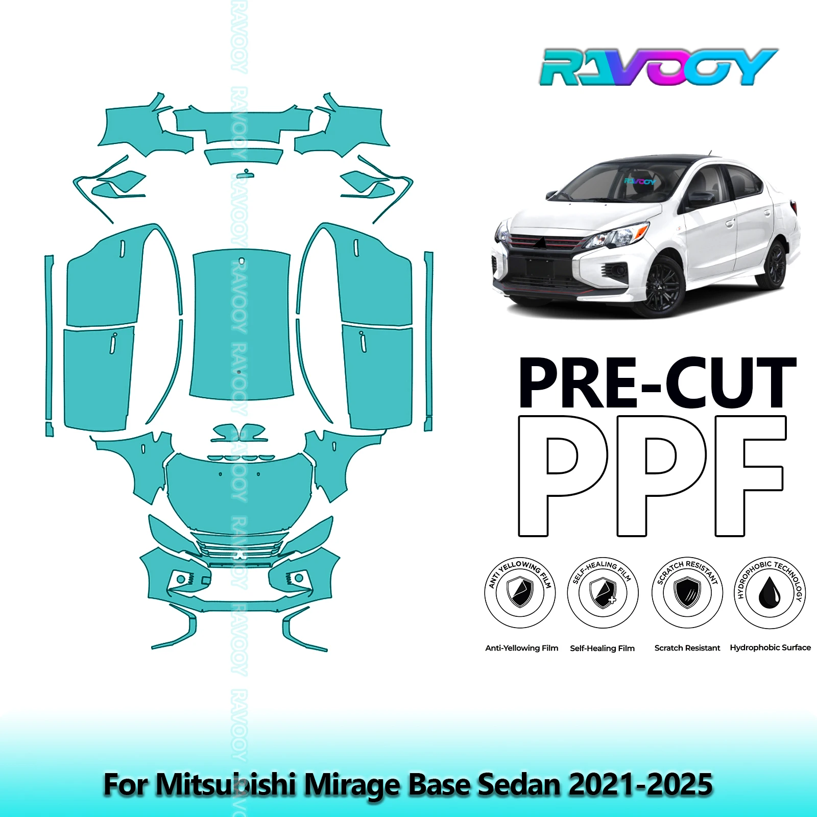 

8.5Mil Precut PPF Paint Protection Film Full Vehicle Clear Bra For Mitsubishi Mirage Base Sedan 2021-2025