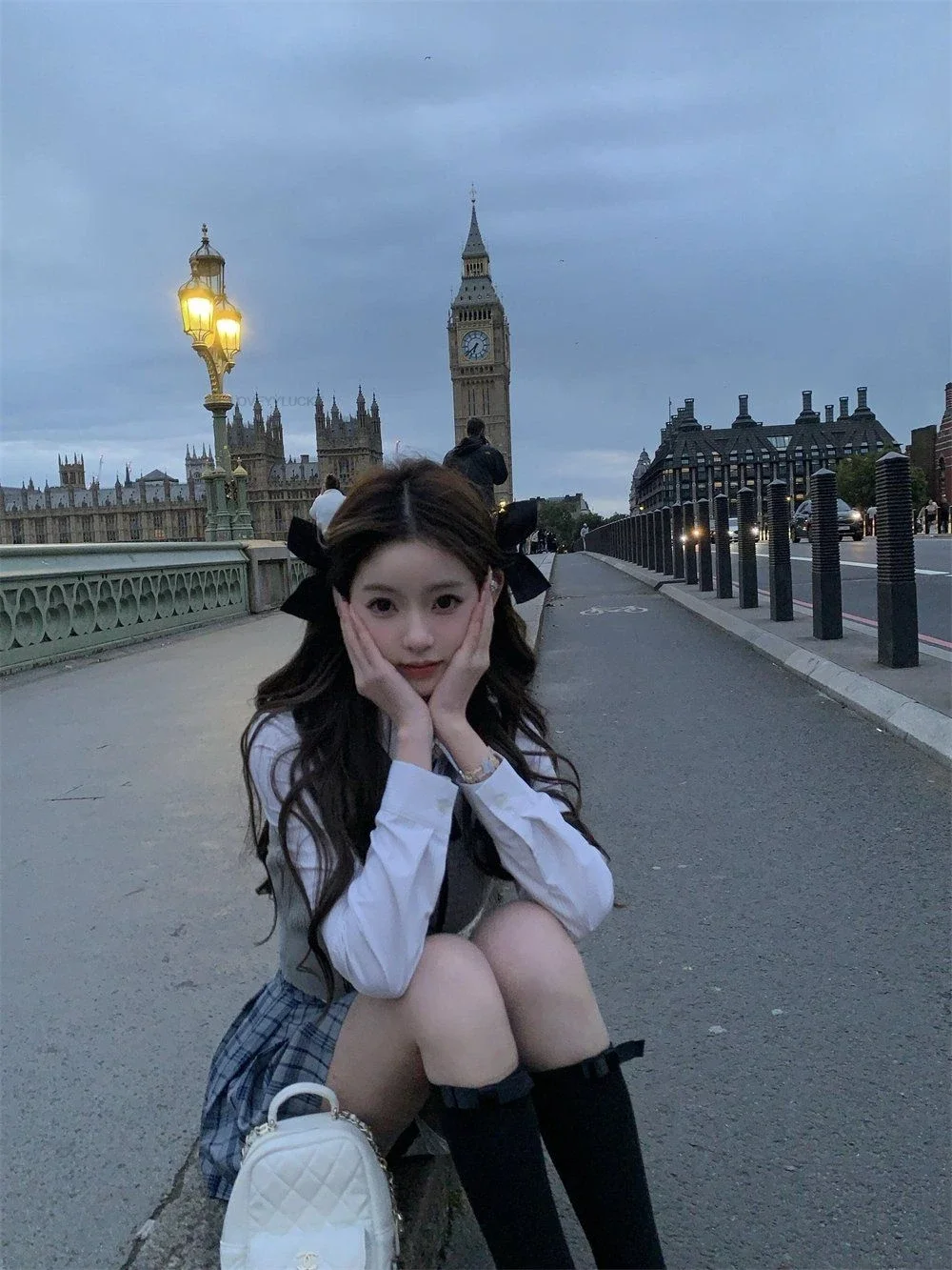 Koreaanse stijl schooluniform JK boog shirt met lange mouwen gebreid vest geruite plooirok herfst driedelige set Jk uniforme set