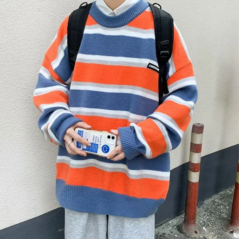 

Autumn Winter Large Size Men's Striped Sweater Long Sve Loose Casual Knitted irt Trendy Hong Kong Sle Color Blo Top