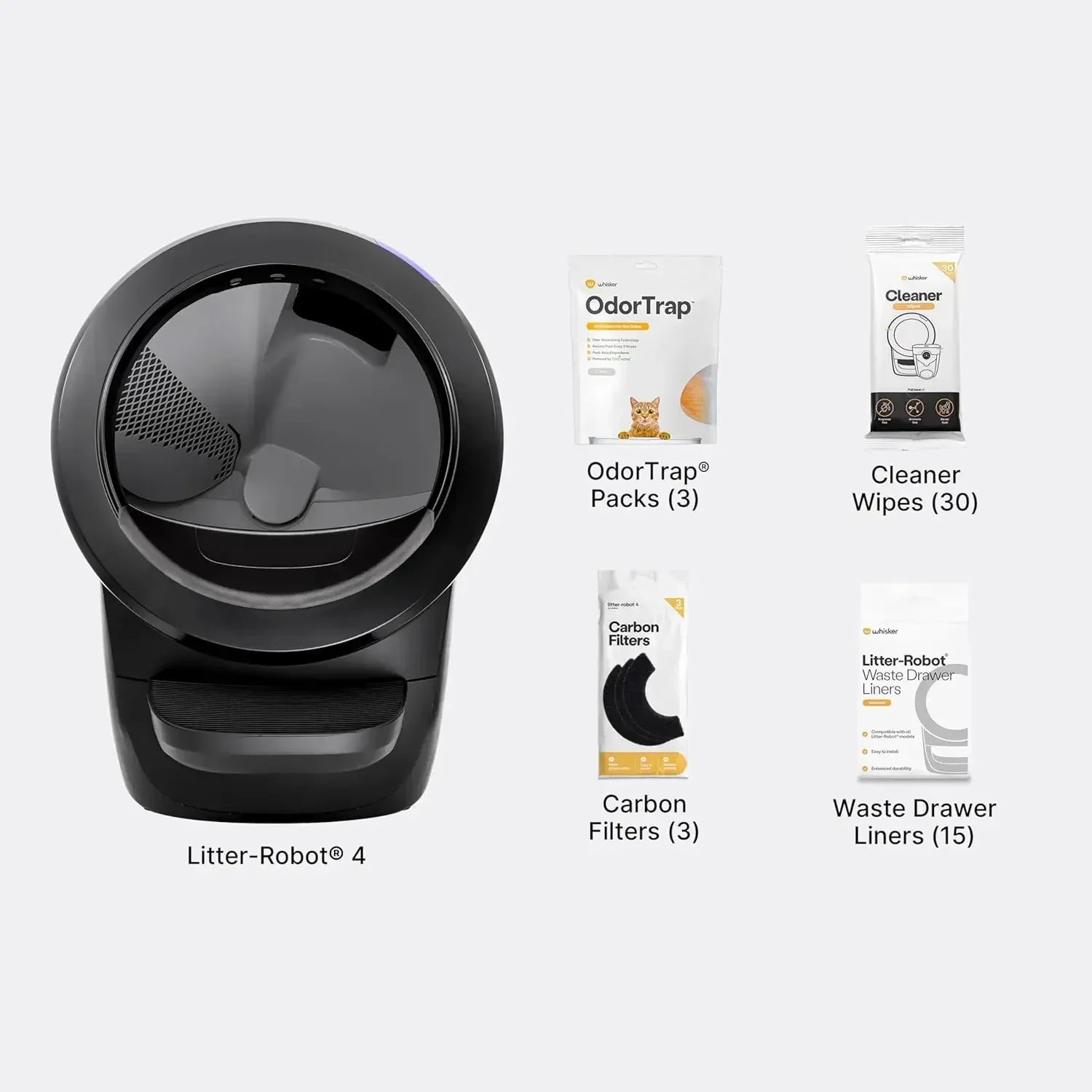 Self-Cleaning Cat Litter Box, Includes Litter-Robot 4, 3 OdorTrap Refills, 10 Liners, 30 Cleaner Wipes, & 2 Carbon Filters