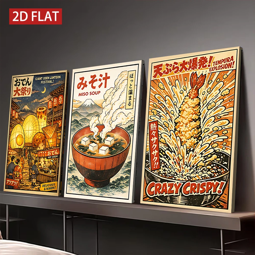 Japanese Lifestyle And Food - 3 Counts Wooden Framed Canvas Painting,