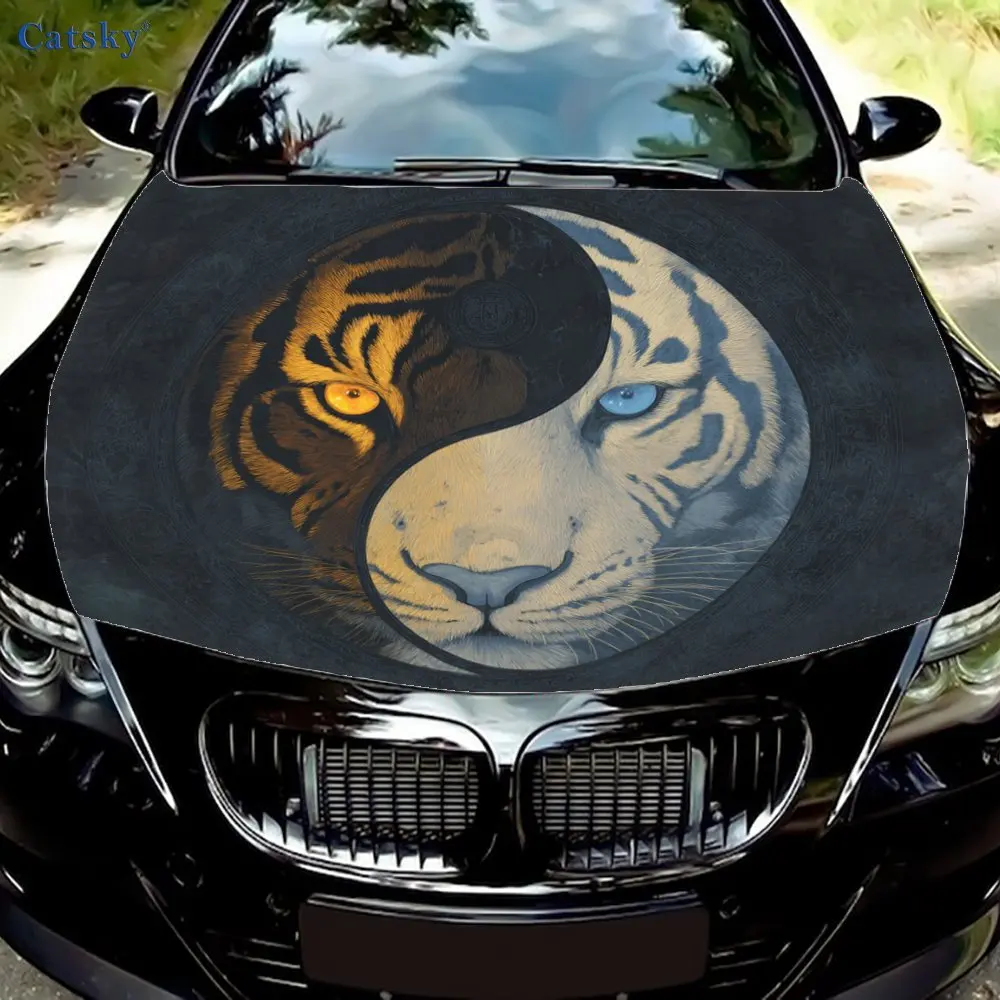 Black Tiger White Tiger Car Hood Film, Stickers With Realistic Patterns - Car Vinyl Wraps, Exterior Accessories Suitable For Mos