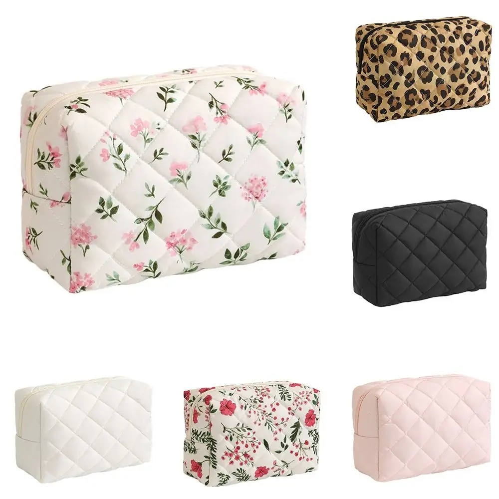 Fashion Quilted Makeup Bag Lightweight Flower Printed Travel Toiletry Handbag Large Capacity Cosmetic Pouch for Women