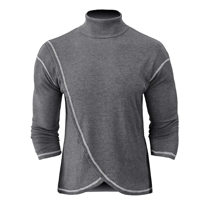 Men's High Necked Long Sleeved T-shirt with Waffle Bottom and Shoulder Down Top for Foreign Trade Men's Clothing