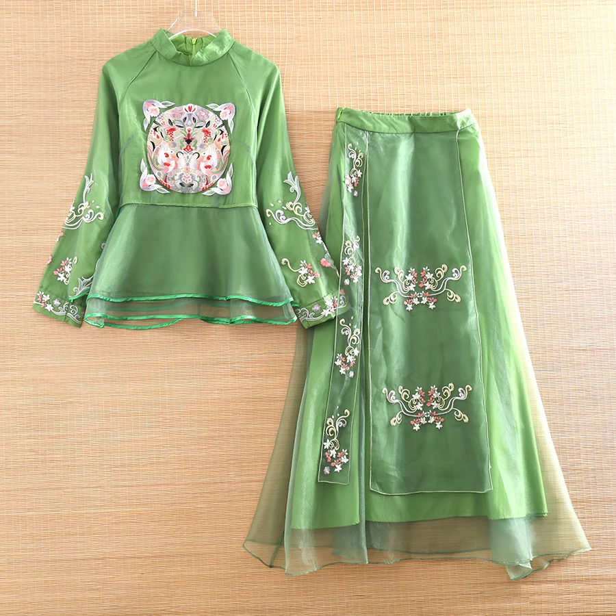 

High-end Women 2 Pieces Set Vintage Embroidery Slim Shirt Tops + Organza A-line Skirt Elegant Lady Suit Female S-XXL