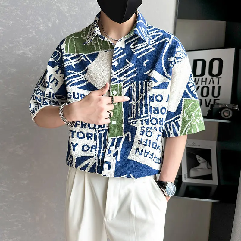 

Мужские лоскутные рубашки в стиле Харадзюку, лето 2029, японская уличная одежда с короткими рукавами и пуговицами с лацканами, винтажная повседневная гавайская рубашка для мужчин