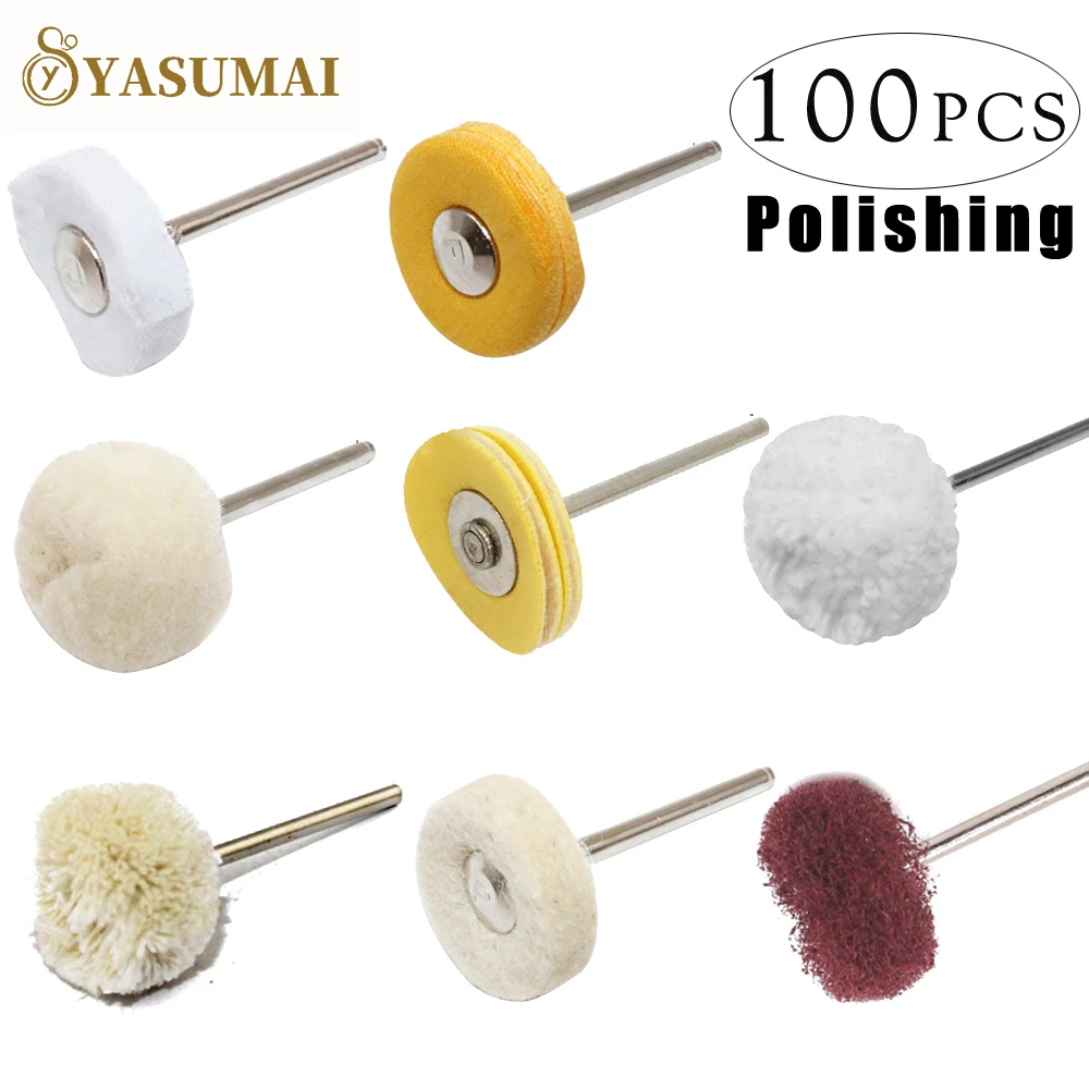 Yasumai Polishing Wheel Fiber Wheel Cotton Wheel Wool Wheel Handle for Dremel Rotary Tools Fine Polish Jewelry Pack of 100Pcs