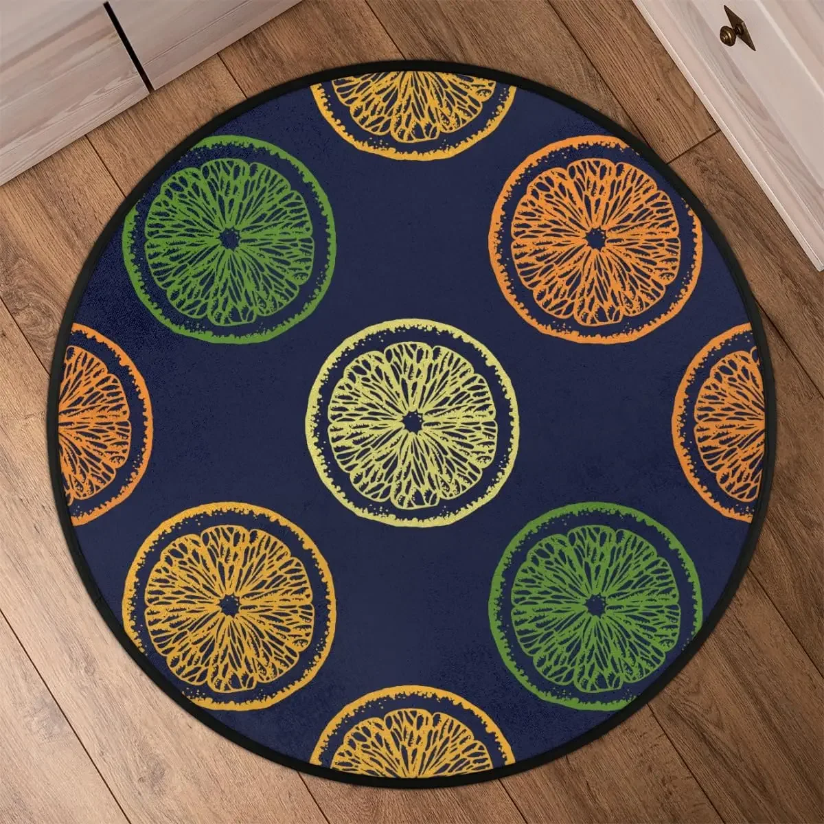 Abstract Lemon Print Round Rug – Soft Washable Non-Slip Circular Mat for Kids Room Bedroom Home Decor