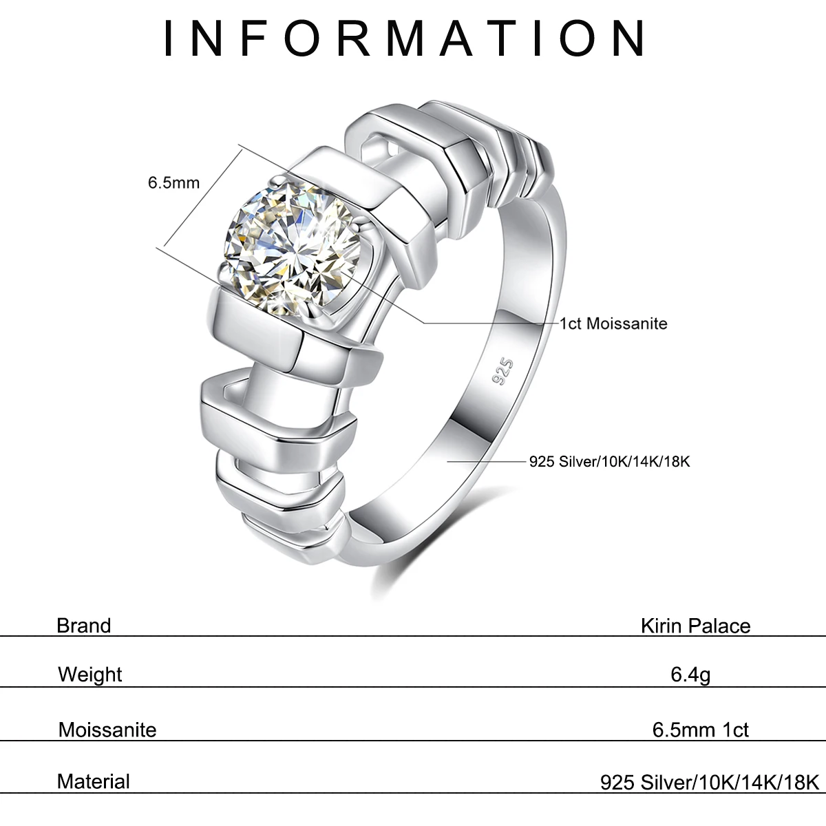 Kirin Palace Round Moissanite 18K 14K 10K 585 White Gold Ring for Women 6.5mm 1CT Solitaire D/VVS Luxury Men Ring for Engagement