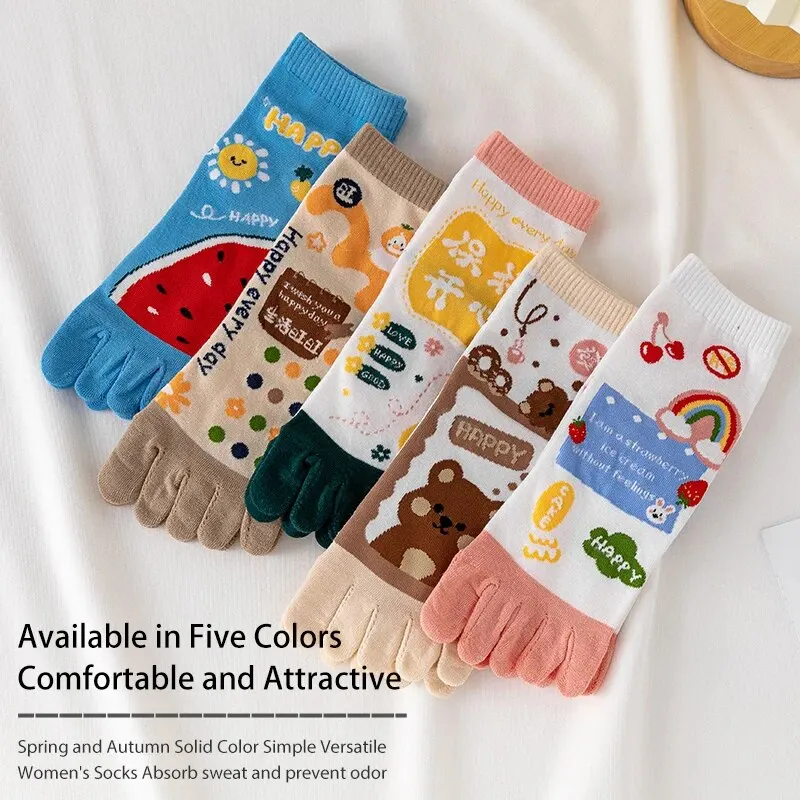 3 Pairs of Women's Four-season Mid-tube Fruit Letter Slogan Bear Cute and Sweet Girl Fashion Cotton Five-toe Socks