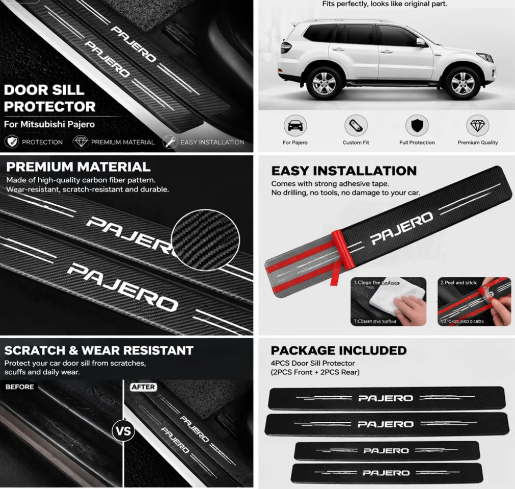4Pcs Carbon Fiber Stickers For Mitsubishi Pajero 2 3 4 Sport 2011 2012 2013 2014 2015 2016 2017 2018 Threshold Plate Accessories