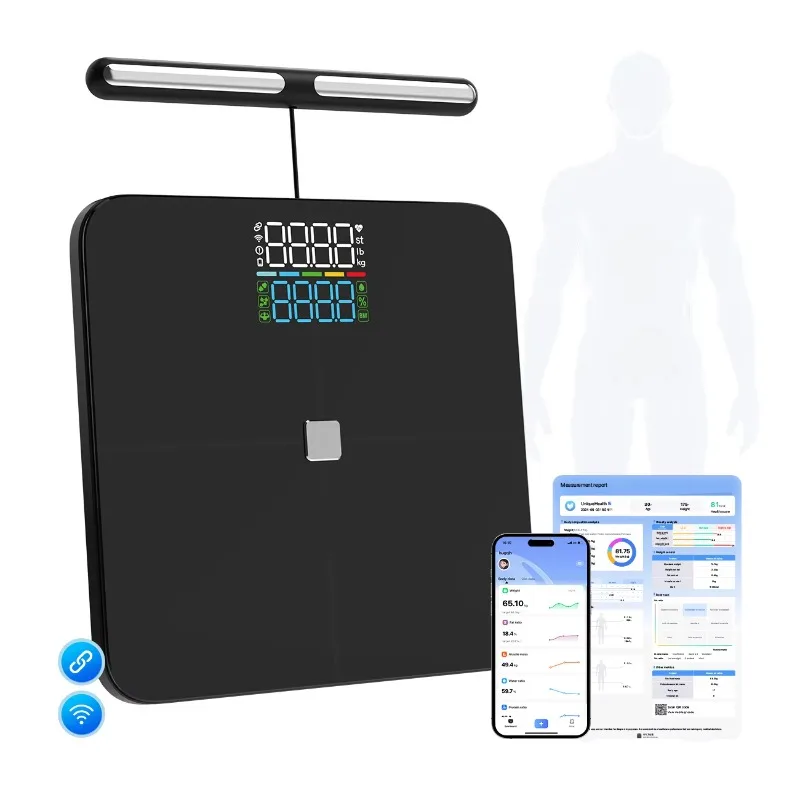 

Digital Body Fat Scale 8 Electrodes WiFi Functionality Glass Material Electric 180kg for Body Composition Measurement