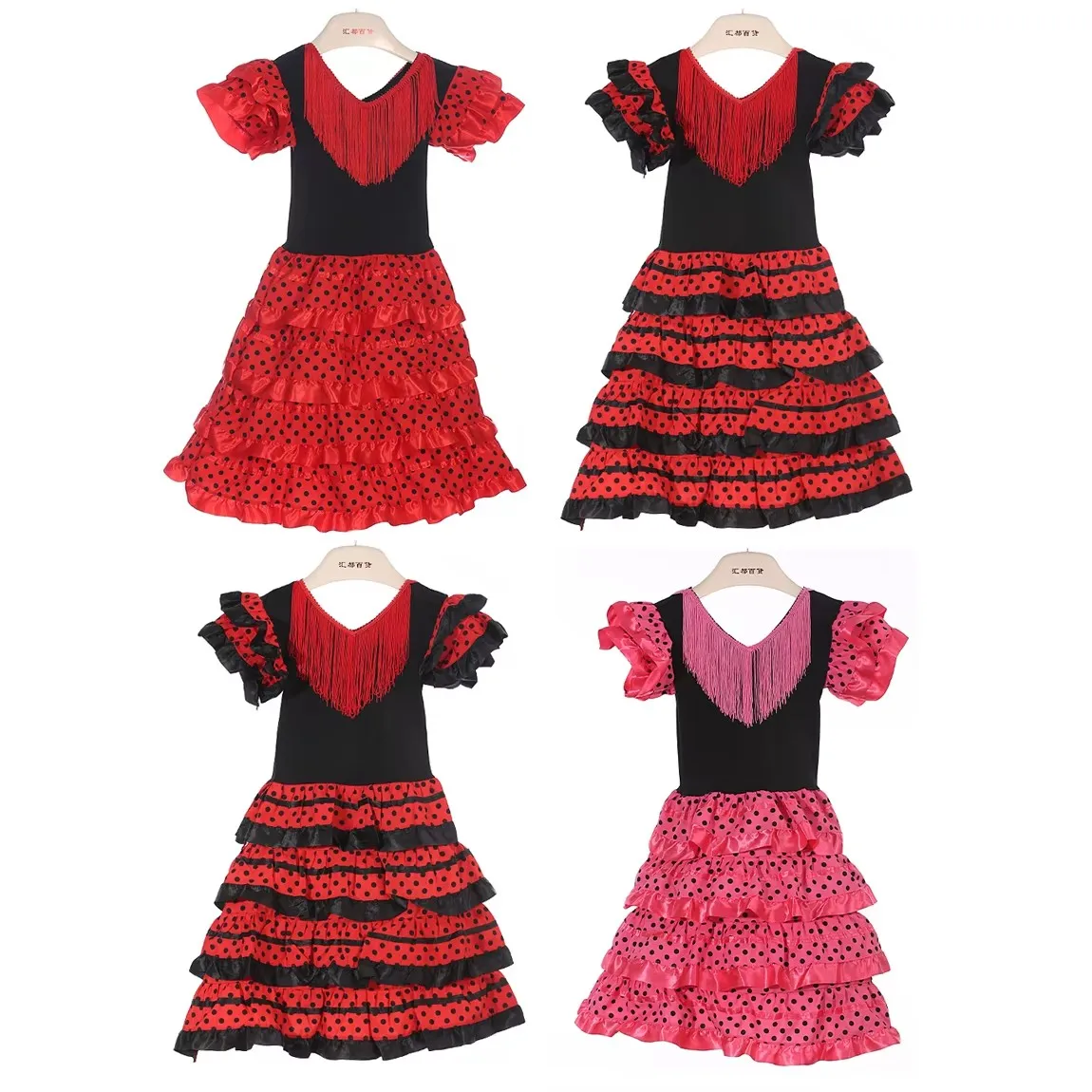 Vestido de Niña, Hermoso Traje de Danza Flamenca Española, para Actuaciones Infantiles en Sevilla, Festival de Abril, Falda de Manga Corta con Borlas, 1-13 Años