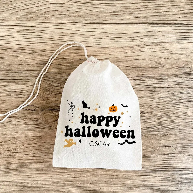 

5pcs Personalized Happy Halloween Drawstring Treat Bag Trick or Treat! Custom Kid Boy Girl Festival Gift Bags Party Decorations