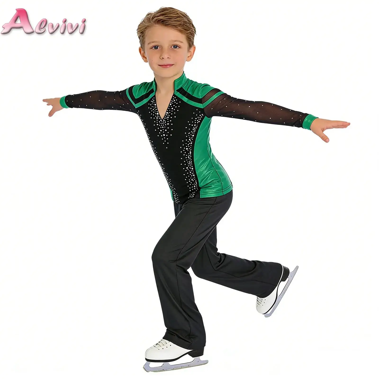 

Kids Boys Figure Skating Costume Long Sleeve Split Hem Rhinestones Top with Straight-Leg Pants Dance Suit for Roller Ice Skating