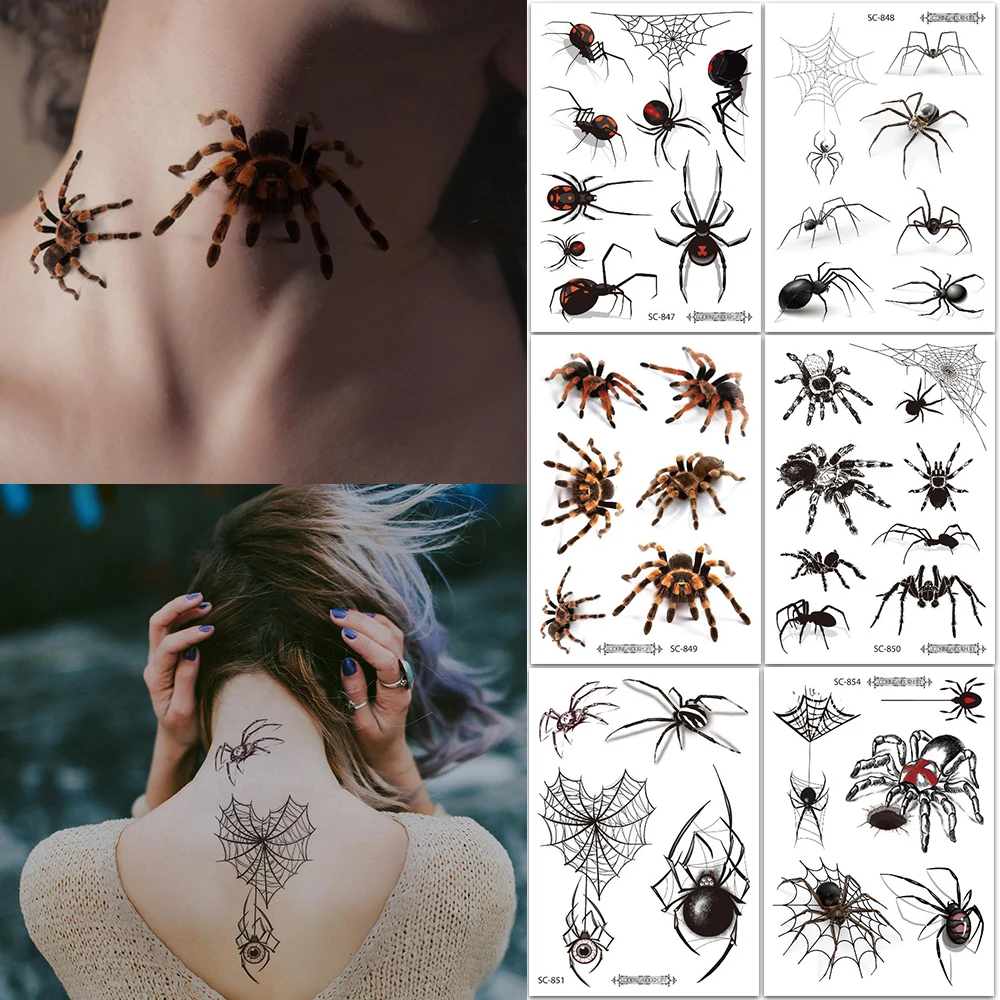 6 Sheets 3D Halloween Spider Tattoo Stickers - Realistic Spiders with Black Spider Web & Sharp Teeth, Temporary Body Art Tattoos