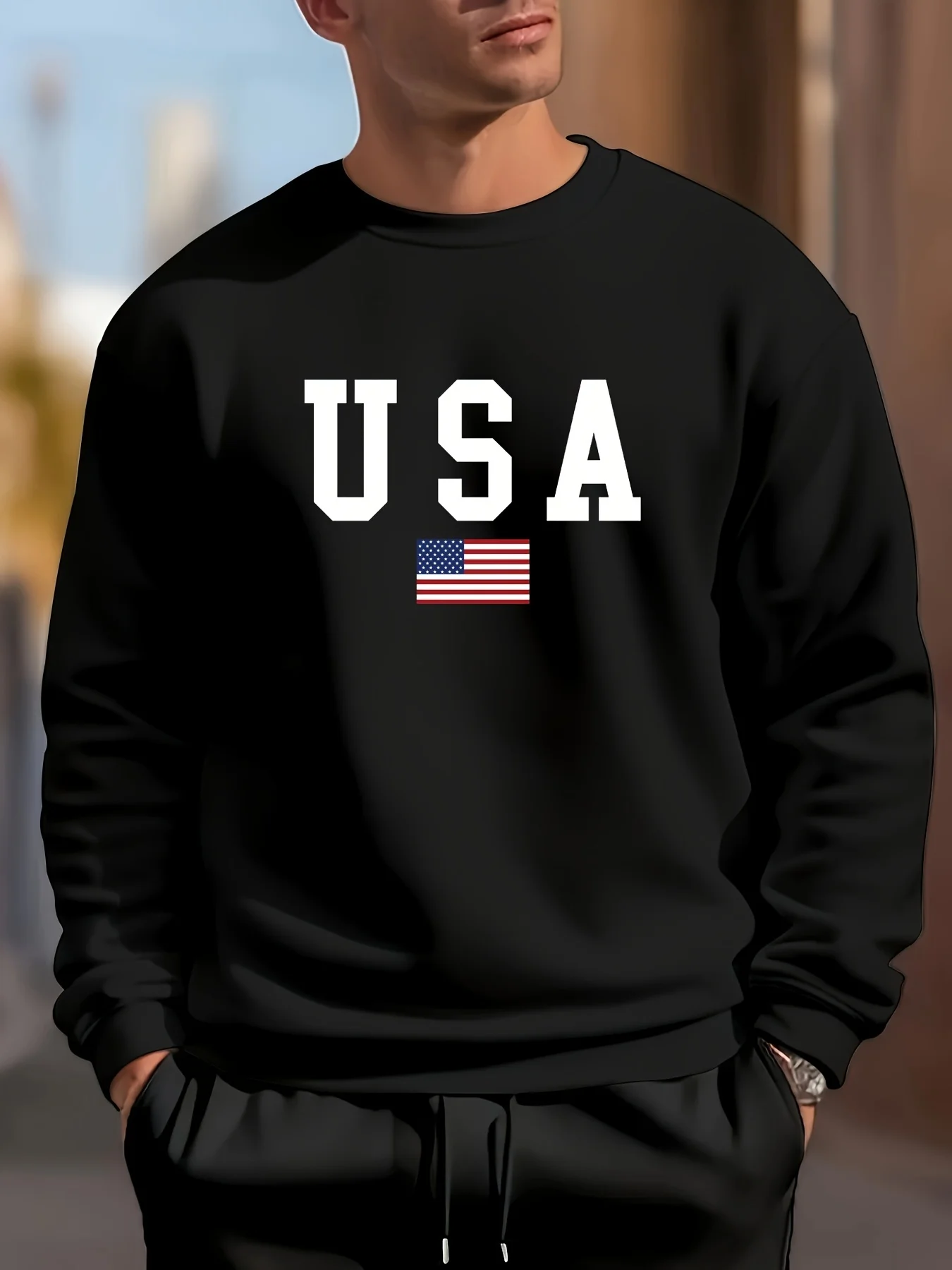 2026 Men's Casual Trendy American Flag Pattern Crew Neck Pullover Sweatshirt, 1 Piece for Everyday Casual Wear
