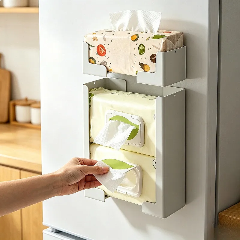 Movable Magnetic Fridge Tissue Box, Kitchen Wet Wipes Integrated Storage Holder, Wall Mount Side Napkin Container