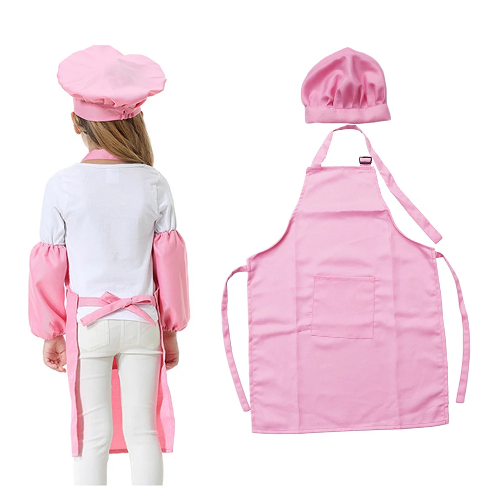 

2PCS Children Apron Hat Cooking Sleeve Pink Chef Playset Kids Kitchen Easy Clean Fun Role Play Toy
