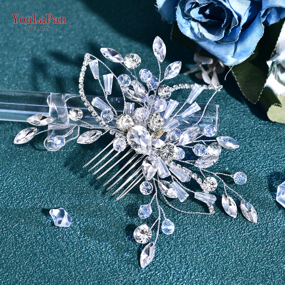 YouLaPan-peineta de cristal hecha a mano, cadena de diamantes de imitación con forma de hoja, peine lateral para boda, diadema, tocados de novia, accesorios HP831