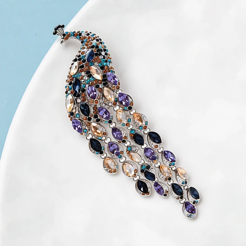 Wuli&baby Luxury Crystal Tassel Peacock Women Winter Brooch Pin Jewelry For Coat and Dress