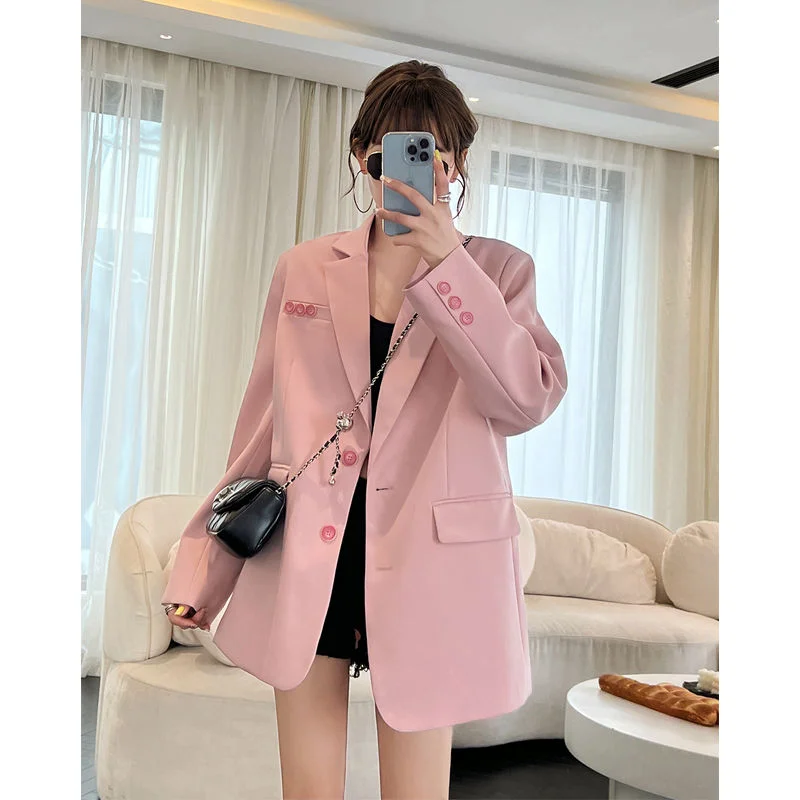 New Chinese-style Pink Small Suit Jacket for Women Solid Color Button Long-sleeved Cardigan Top