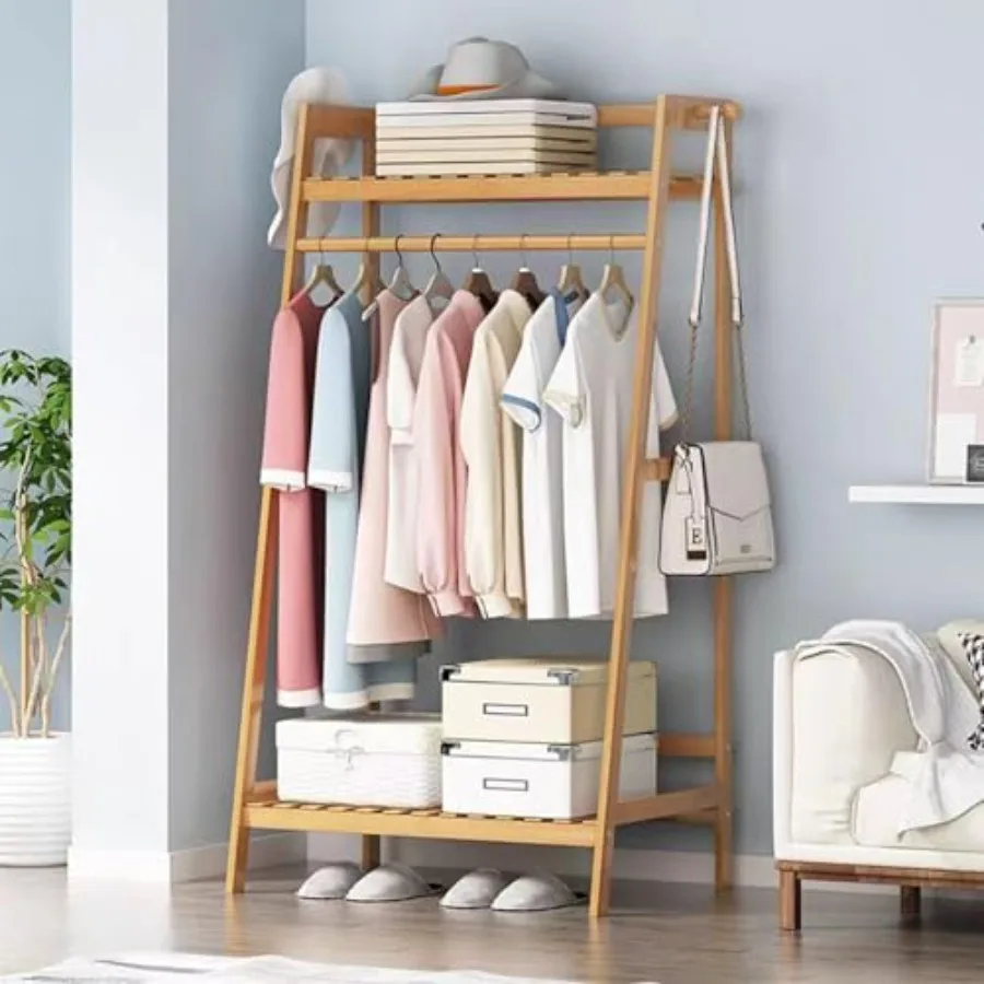 

Bamboo Clothing Garment Rack 2 Tier Storage Shelf Coat Clothes Hanging Rack Portable Wardrobe Closet Organizer With Top Shelf S