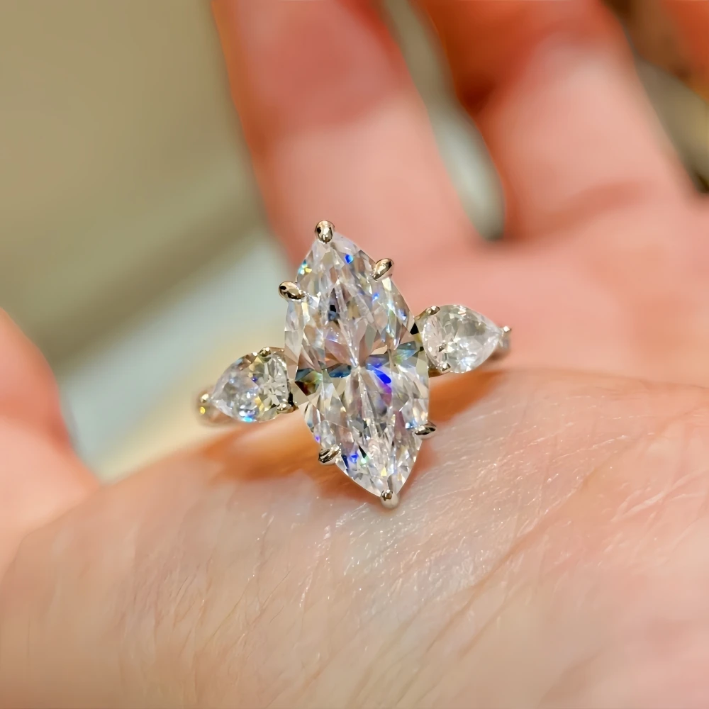 5 Carat Marquise Cut Moissanite Engagement Ring Three-stone Diamond Wedding Ring for Women S925 Sterling Silver with Certificate