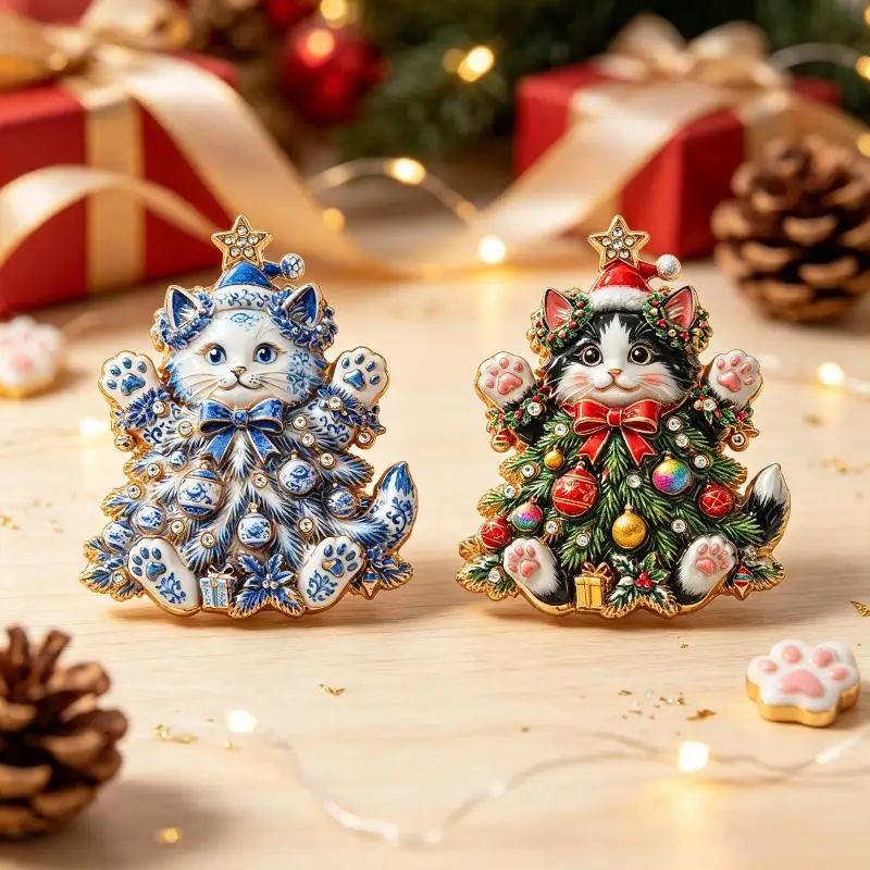 Multi-Styles Blue-and-white Porcelain Design Christmas Brooches For Women Tree Cats Santa Claus Nutcracker New Year Brooch Pins
