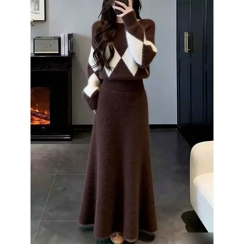New French Jacquard Knitted Women's Two Piece Set Vintage Autumn Winter O-neck Long Sleeve Pullover Sweater + A-line Skirt Suit