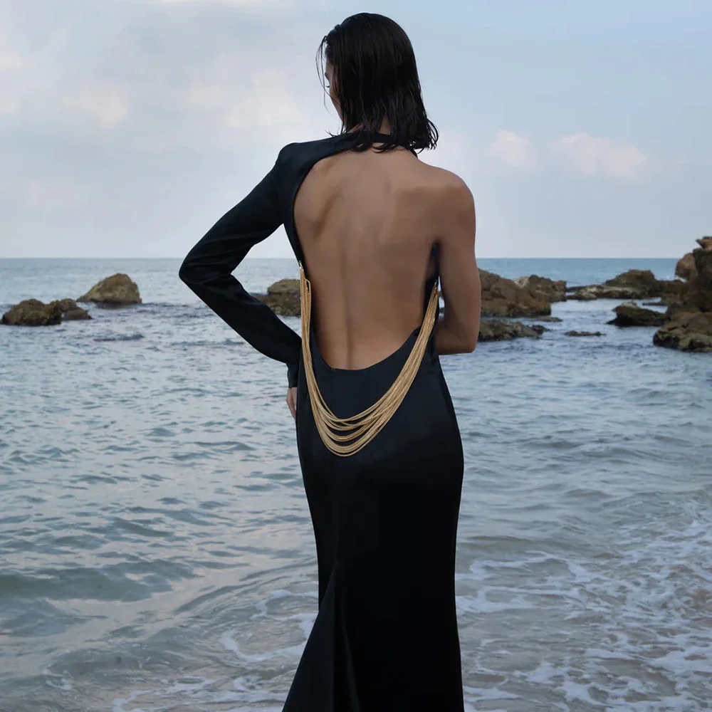 

2024 Summer New Women's Black One Shoulder Long Sleeve Backless Snake Bone Chain Long Dress Bodycon Celebrity Club Evening Dress