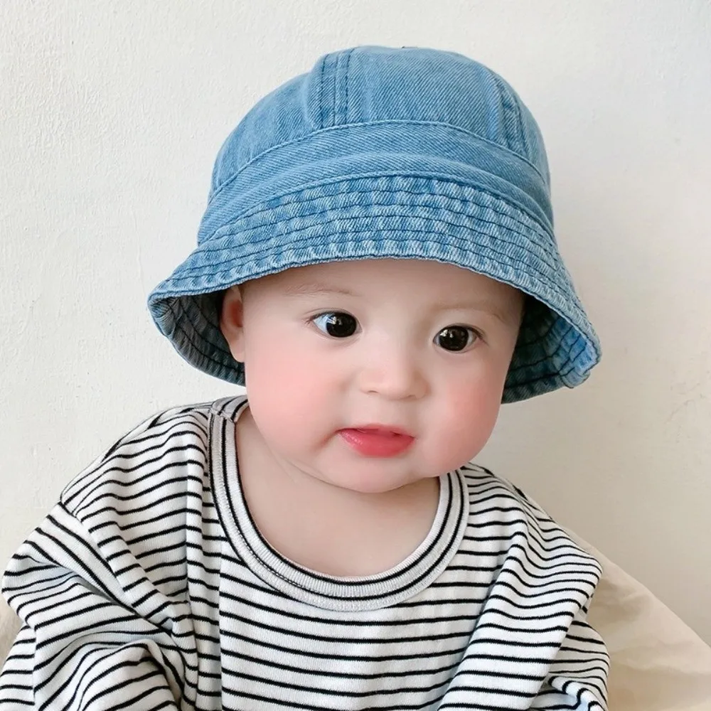 

Soft Cloth Washed Denim Bucket Hat Korean Style Windproof Baby Sun Hat Solid Color sun protection Children Fisherman Cap Boys
