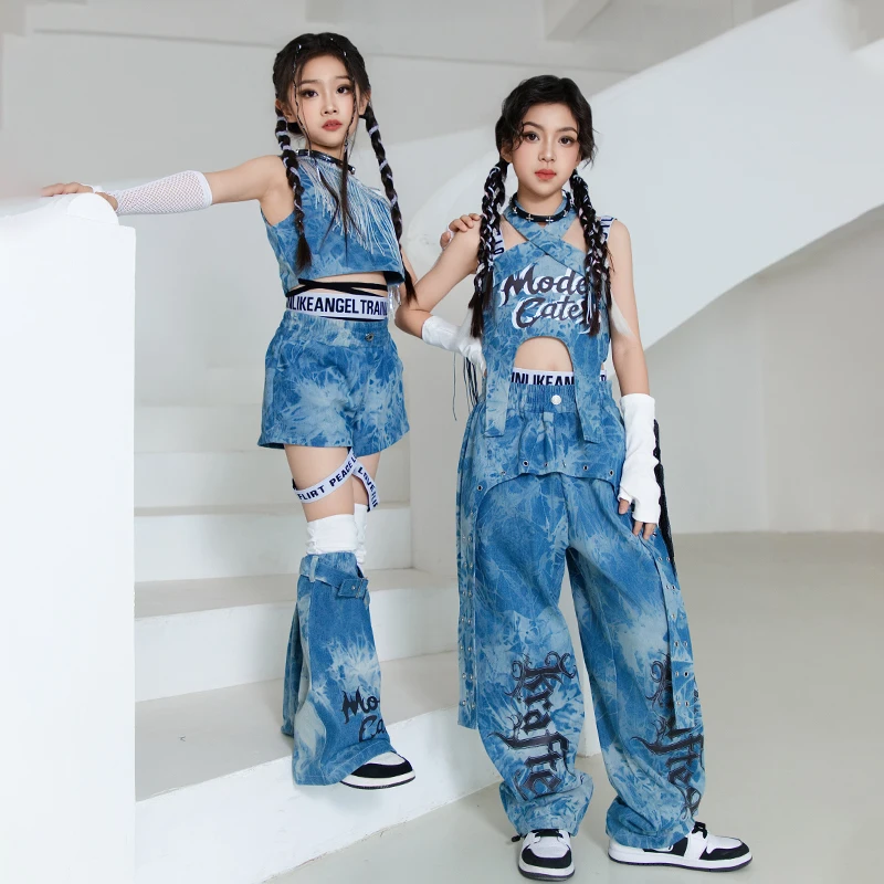2025 Kpop bleu Jazz danse vêtements filles enfants Hip Hop Performance Costume mode défilé Concert scène vêtements été BL15522
