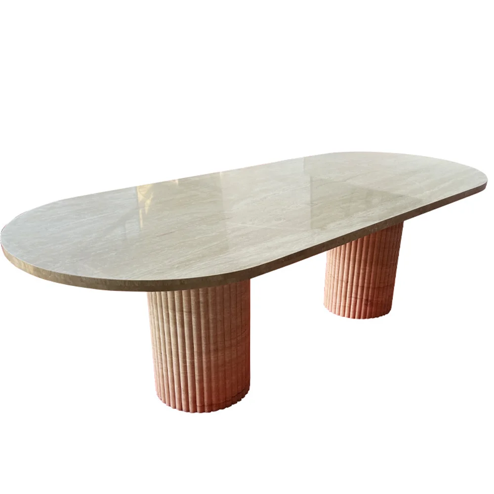 Customized Limestone Dining Table Fluted Oval Marble Travertine Stone Furniture for Home