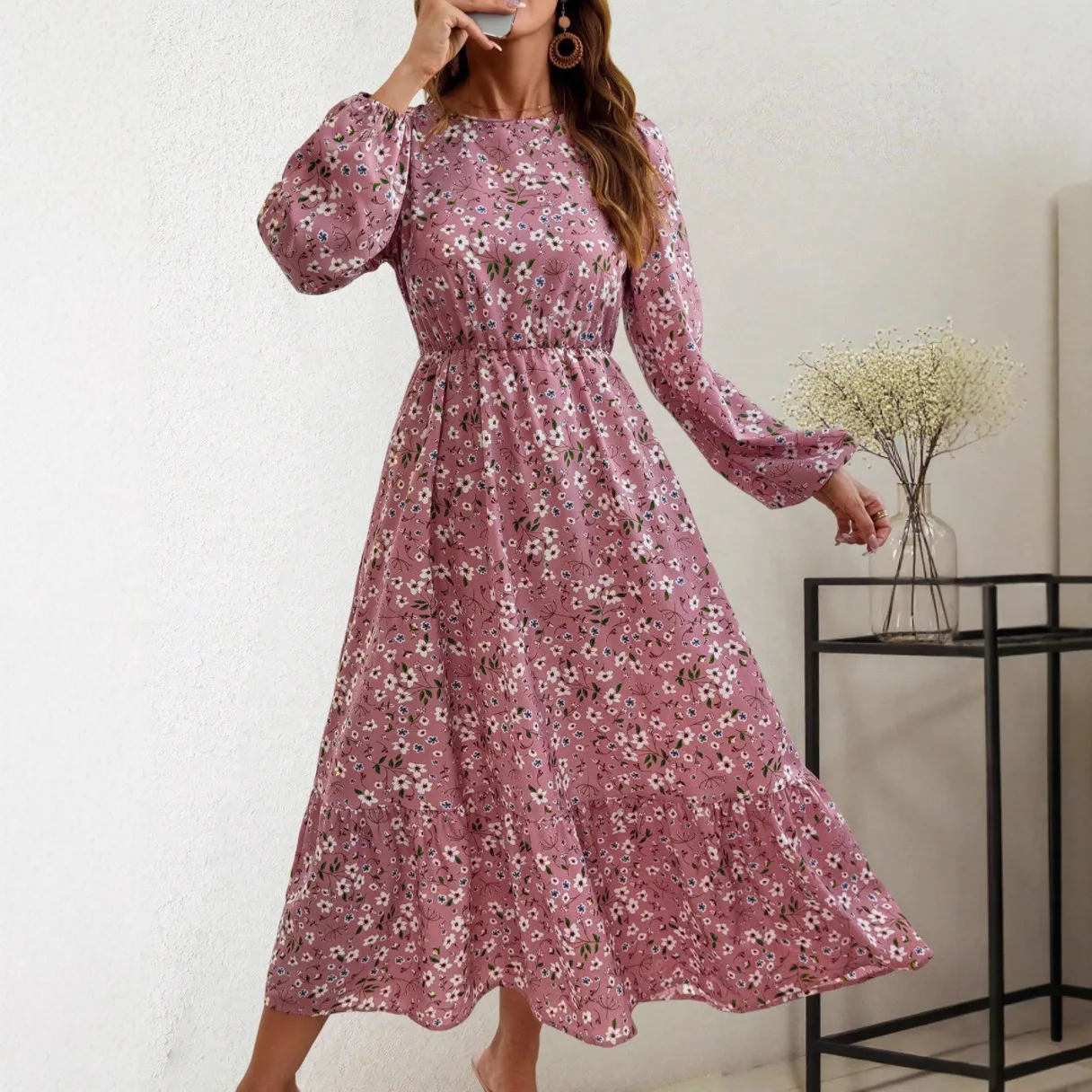 Vielseitiger Frühlings-Sommer-Damenrock mit Rundhalsausschnitt, Vestido De Festas, elegante Blumenmuster, lange Ärmel, Taille, A-Linie, Strandurlaubskleid