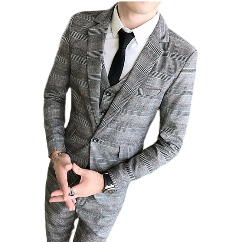 2023 Fashion New Men\'s Casual Slim Plaid Suit Coat Three Piece Set / Men\'s Business Boutique Wedding Blazers Jacket Pants Vest