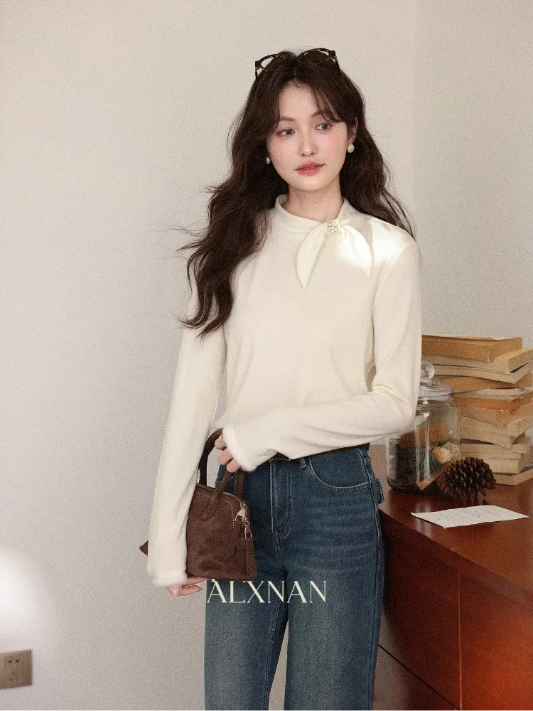 ALXNAN Women's Apricot Fleece-lined T-shirt Unique Bow Neckline Slim Fit Basic Casual Pullover Fashion Long Sleeve Tees L60555
