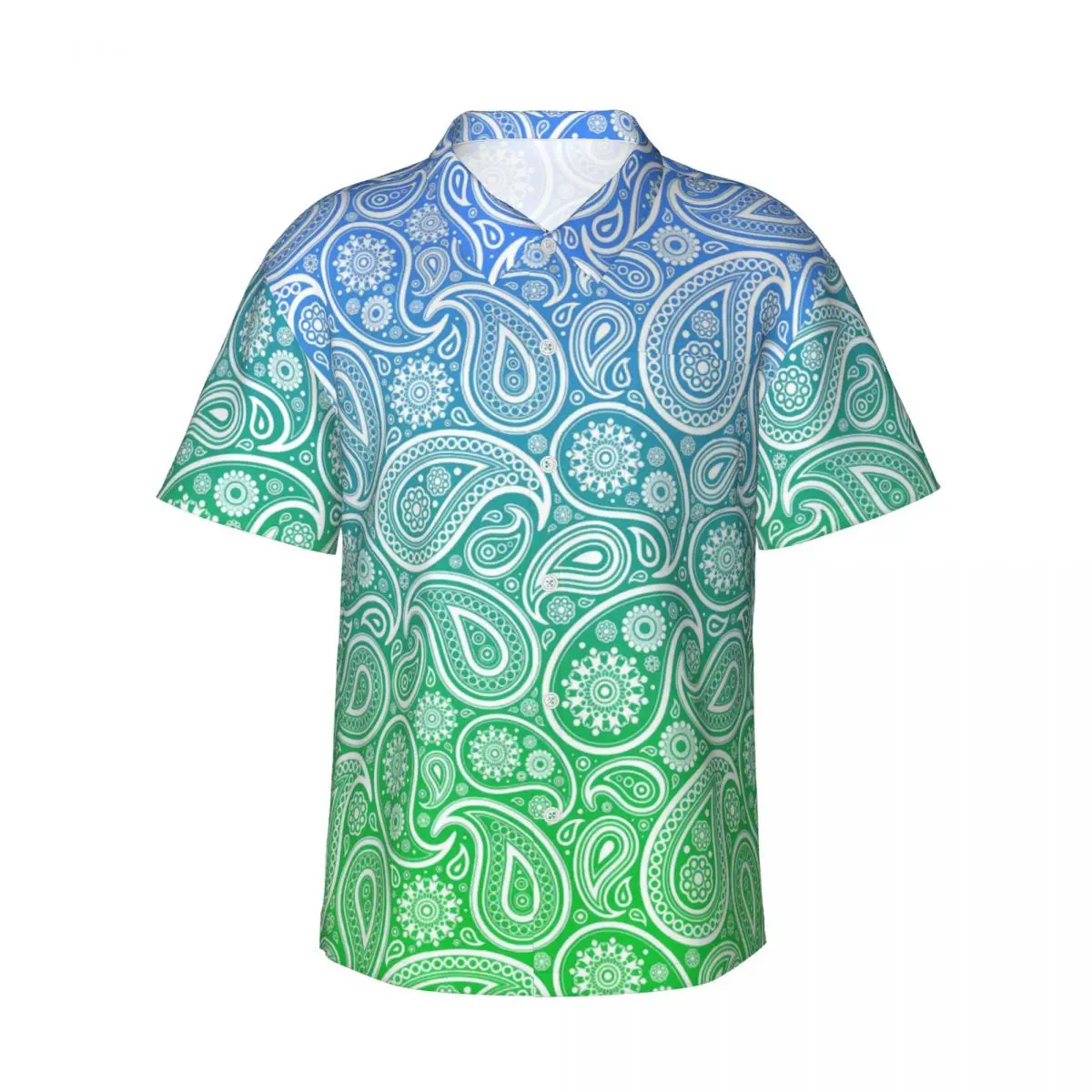 White Paisley Vacation Shirt Man Blue to Green Ombre Casual Shirts Hawaiian Short Sleeve Custom Elegant Oversized Blouses Gift