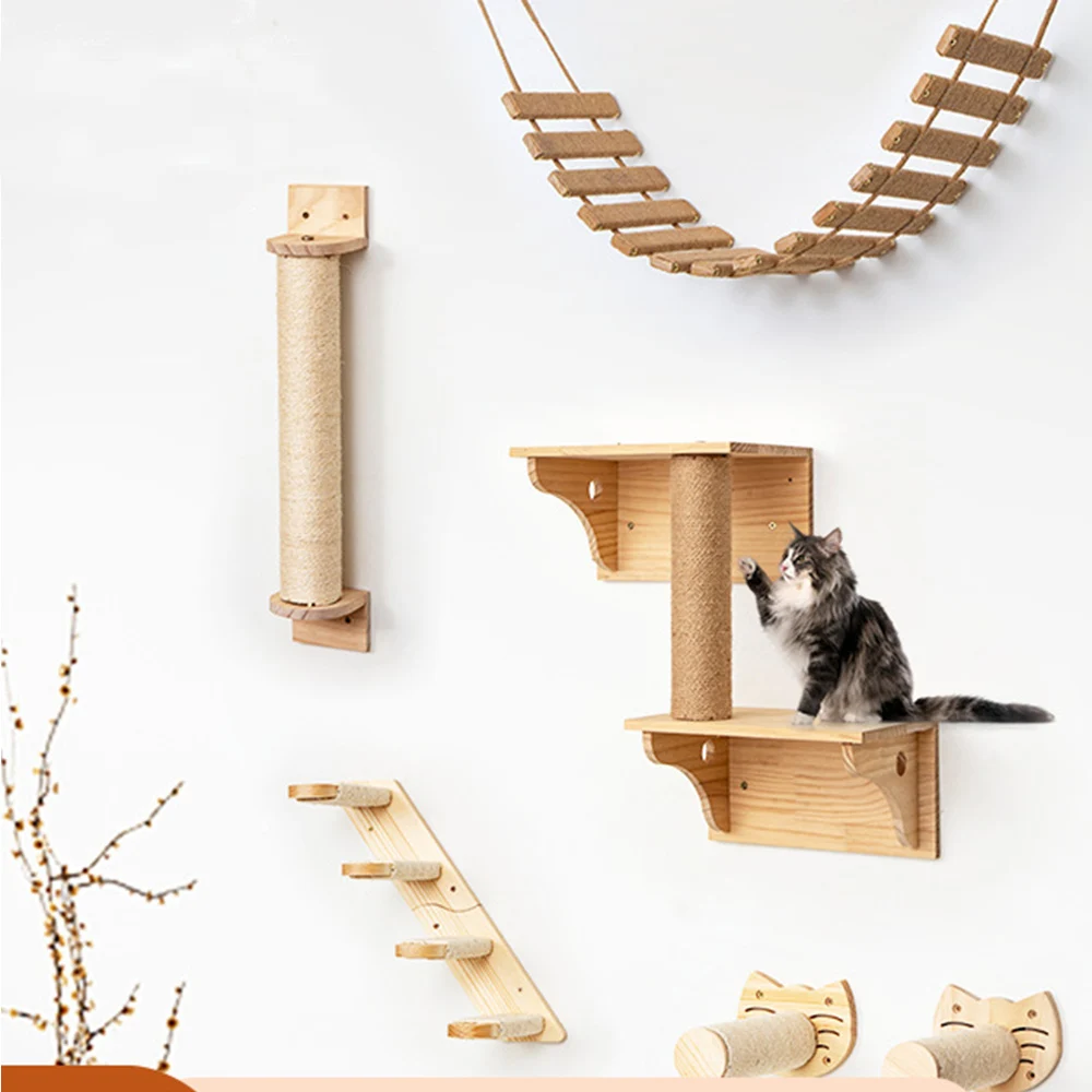 Wall Mounted Cat Climbing Shelves Cat House Cat Bridge Cat Double Platform with Scratching Post and Pedals Stairway for Kittens