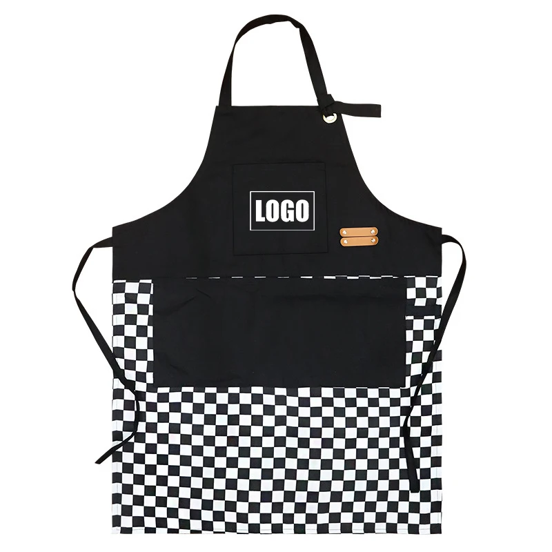 

Fashion Custom Logo Waterproof Home Apron Kitchen Restaurant Bakery Cake Shop Canvas Hanging Neck Overalls Black White Apron