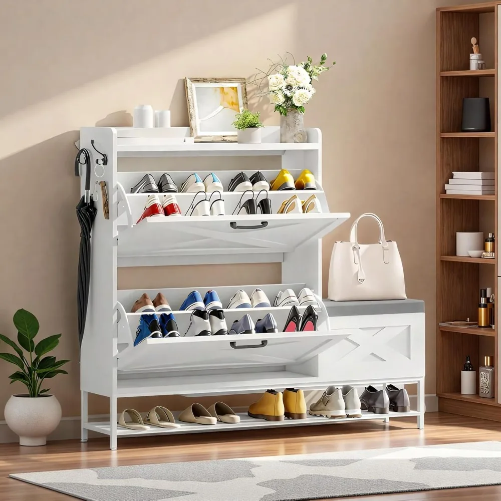 

Shoe Cabinet Bench with Flip Drawers for Pairs, Entryway Bench and Rustic Design for Living Rooms Hallways, Shoe Cabinets