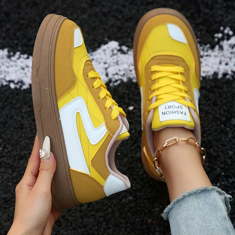 

Модные желтые кроссовки на шнуровке, женские нескользящие кроссовки на толстой подошве, удобная прогулочная повседневная обувь больших размеров, женская обувь