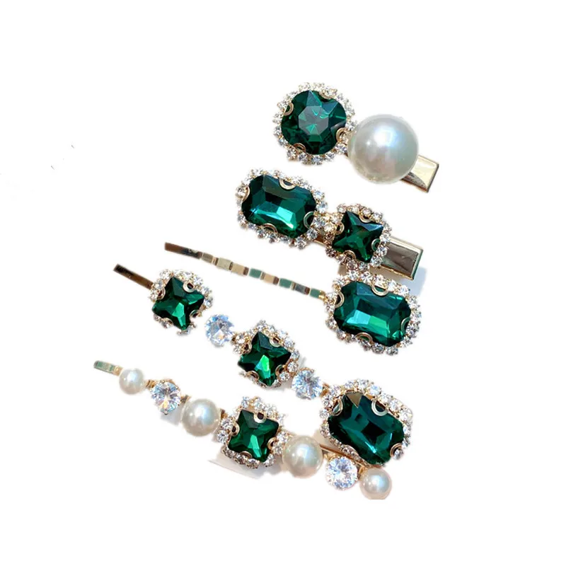 Fermagli per capelli da donna Set gioielli moda accessori per capelli in cristallo verde simulazione di lusso perla Barrette Pin per ornamenti