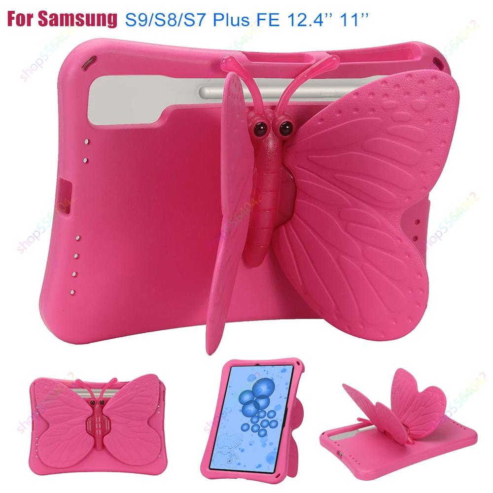 

Cute Cartoon Butterfly Case for Samsung Galaxy Tab S9 S8 S7 Plus FE 12.4 Inch Safe EVA Kids Tablet Stand Cover with S Pen Holder