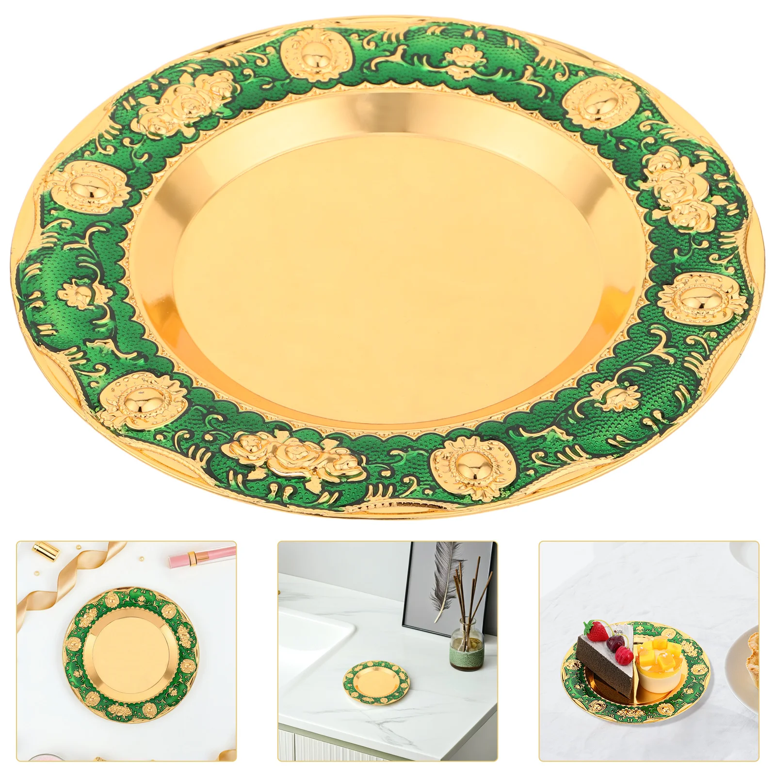

Elegant European Style Round Metal Serving Tray Multi-Functional Iron Fruit Plate For Snacks Jewelry Easy Clean Decorative